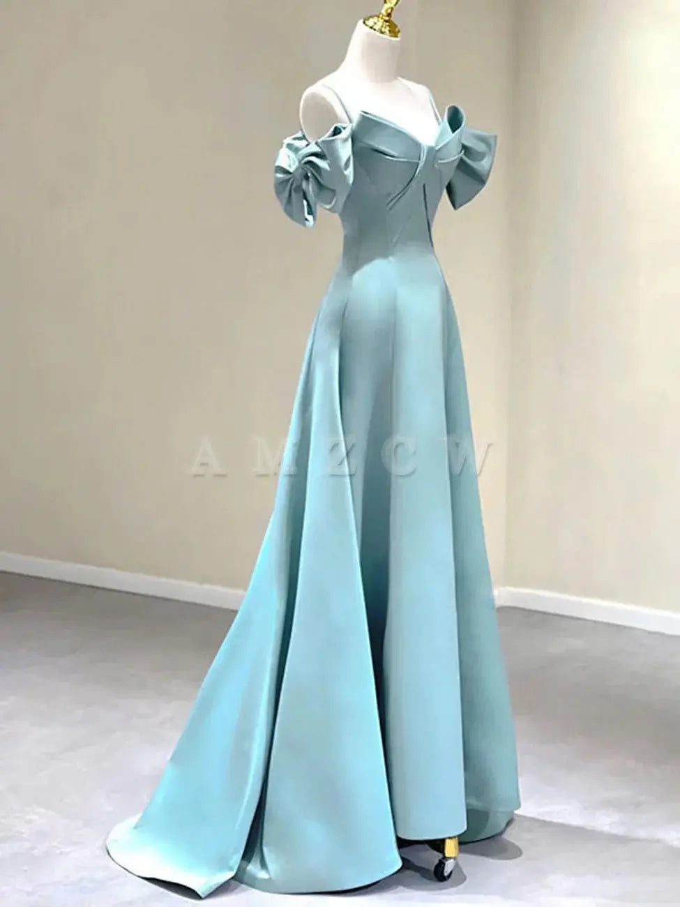 Amzcw Blue A-Line Satin Long Prom Dresses Blue Satin Long Formal Dresses prom dress in store 