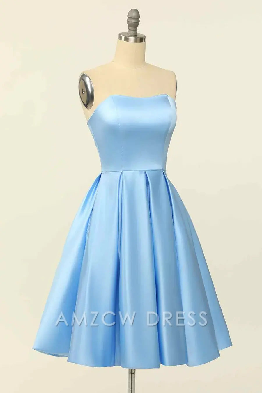 Amzcw Elegant Blue A-line Strapless Satin Mini Homecoming Dress formal wear dresses