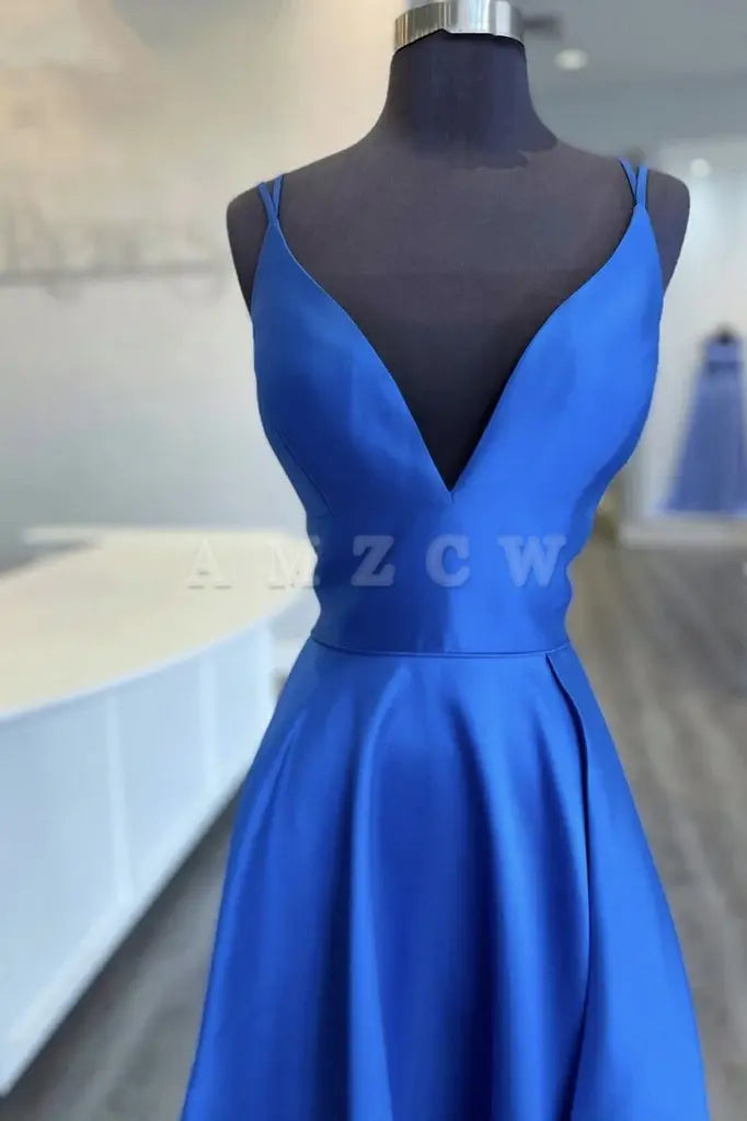 Amzcw Blue v neck satin long prom dress blue bridesmaid dress formal wear dresses