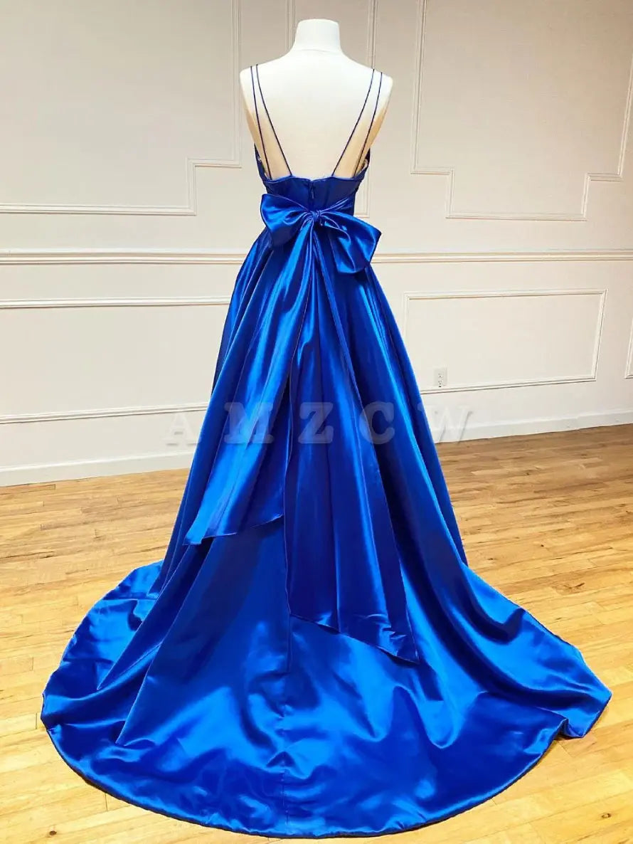 Amzcw Blue v neck satin long prom dress blue evening dress stores with prom dresses