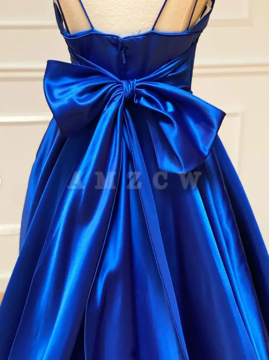 Amzcw Blue v neck satin long prom dress blue evening dress stores with prom dresses