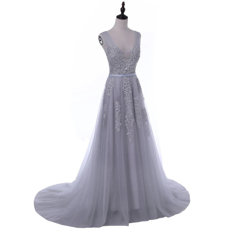 Vestidos de fiesta con escote en V, sin mangas, con cremallera y apliques