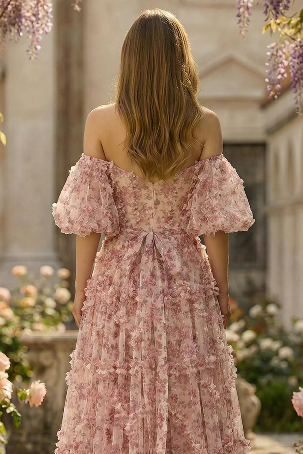 Blush Pink Off-the-Shoulder 3D Floral Ruffle A-Line Prom Dress with Bow Back