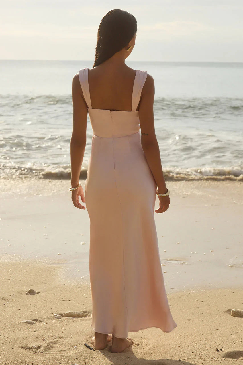 Blush Pink Satin Cowl Neck Wide Strap Midi Formal Evening Prom Dress