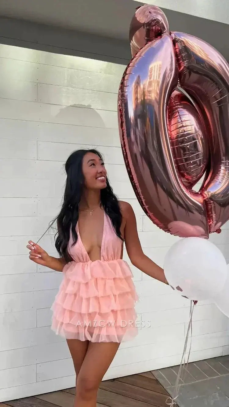 Blush Pink Sleeveless Deep V Plunge Wide Strap Open Back Multi Tiered Ruffle Tulle A Line Mini Homecoming Dress