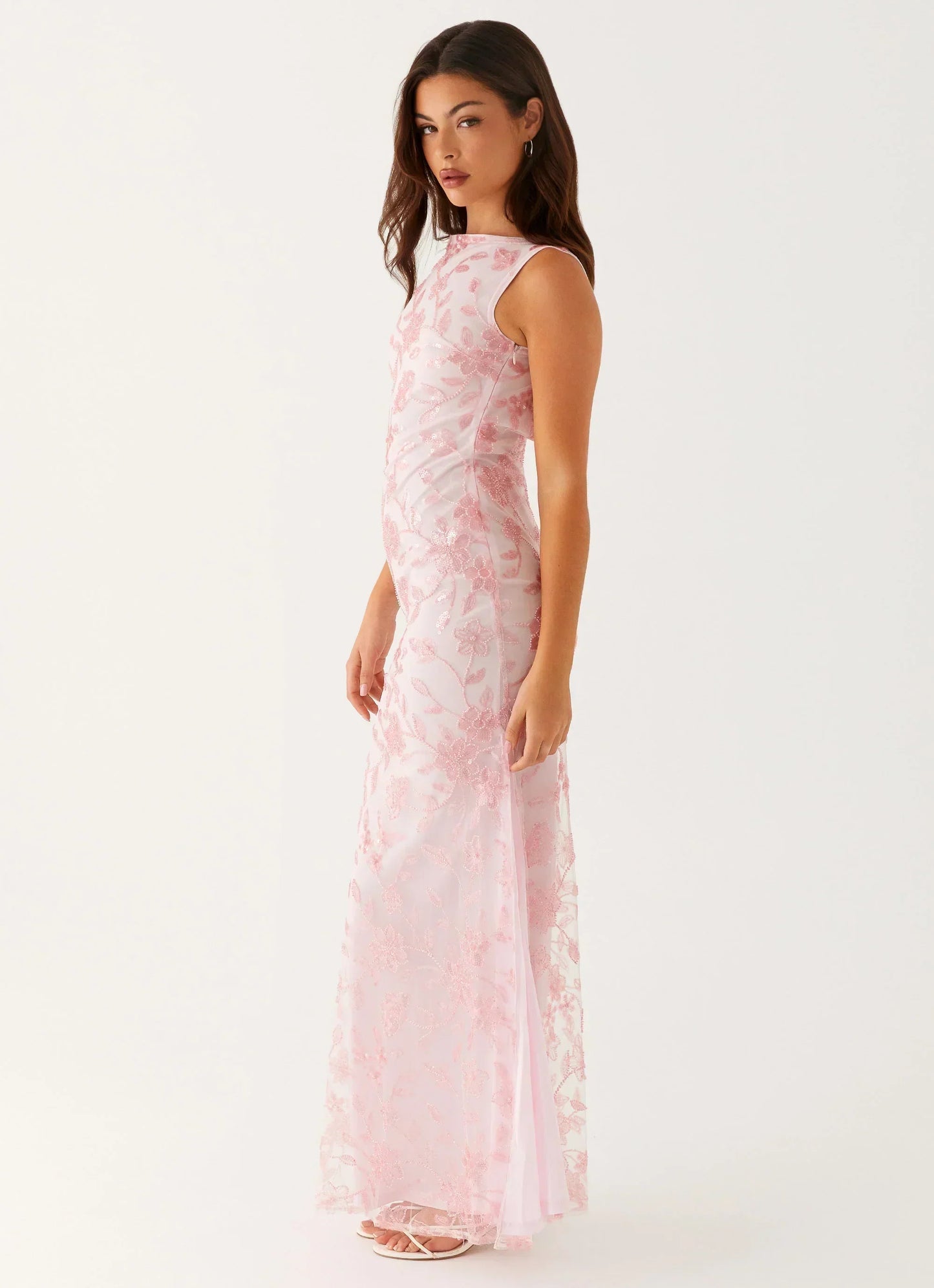 Blush Pink Sleeveless Floral Beaded Mesh Cowl Back Mermaid Formal Evening Prom Dress