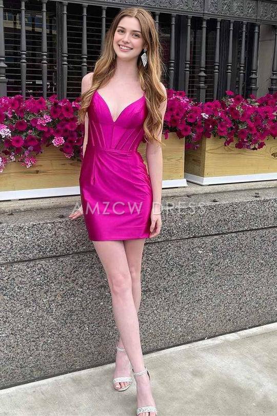 Amzcw Elegant Bodycon Fuchsia V-Neck Corset Satin Homecoming Dress formal wear dresses