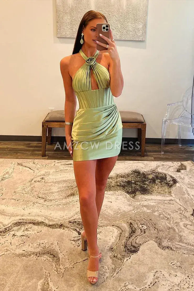 Amzcw Bodycon Halter Sage Green Satin Short Homecoming Dresses formal wear dresses