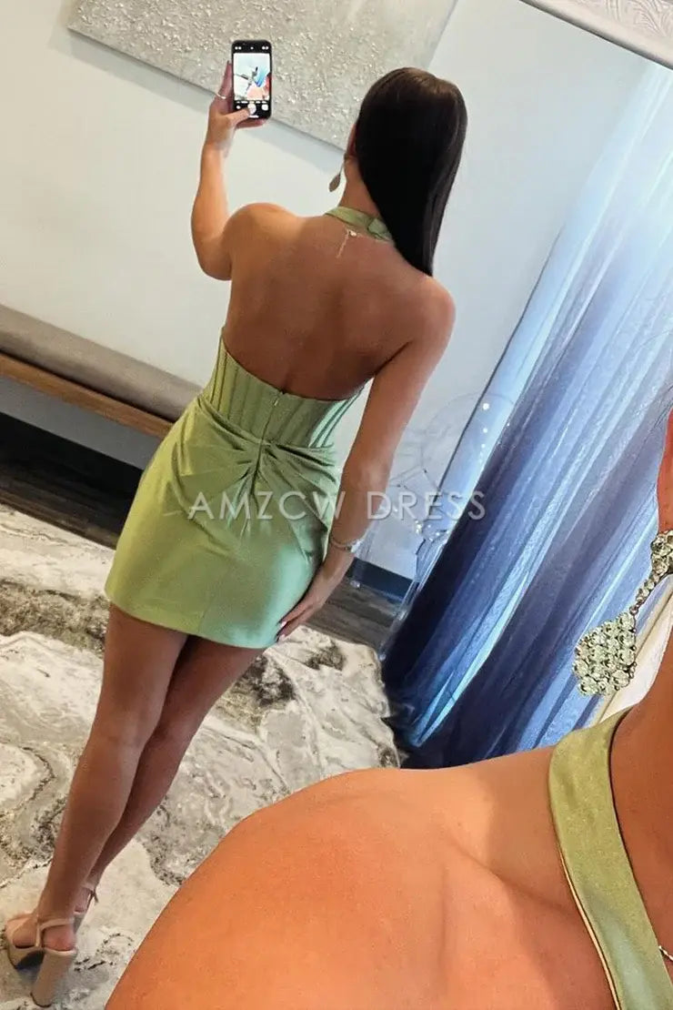 Amzcw Bodycon Halter Sage Green Satin Short Homecoming Dresses formal wear dresses