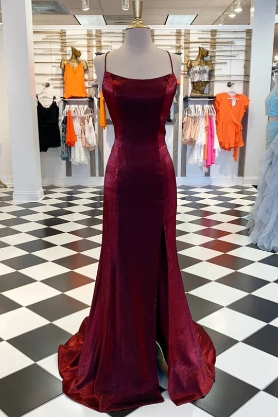 Amzcw Burgundy Satin Lace-Up Mermaid High Side Slit Dress formal wear dresses
