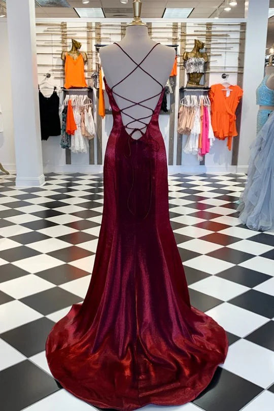 Amzcw Burgundy Satin Lace-Up Mermaid High Side Slit Dress formal wear dresses