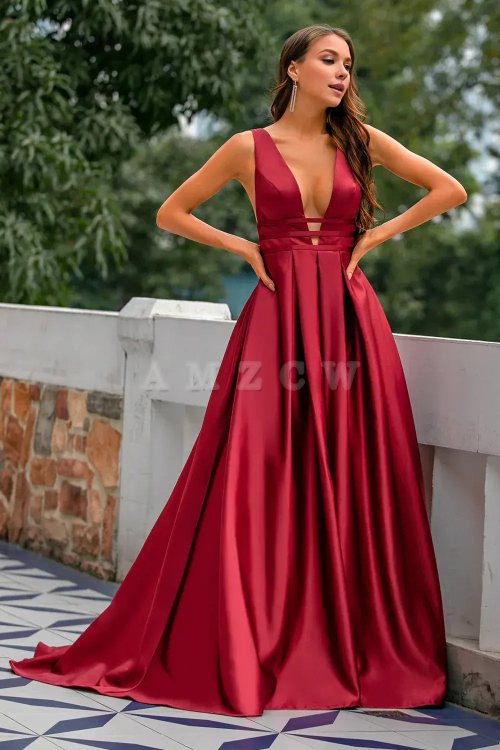 Amzcw Burgundy Satin Long Prom Dress Evening Dress gowns evening dresses Bridesmaid dress shop