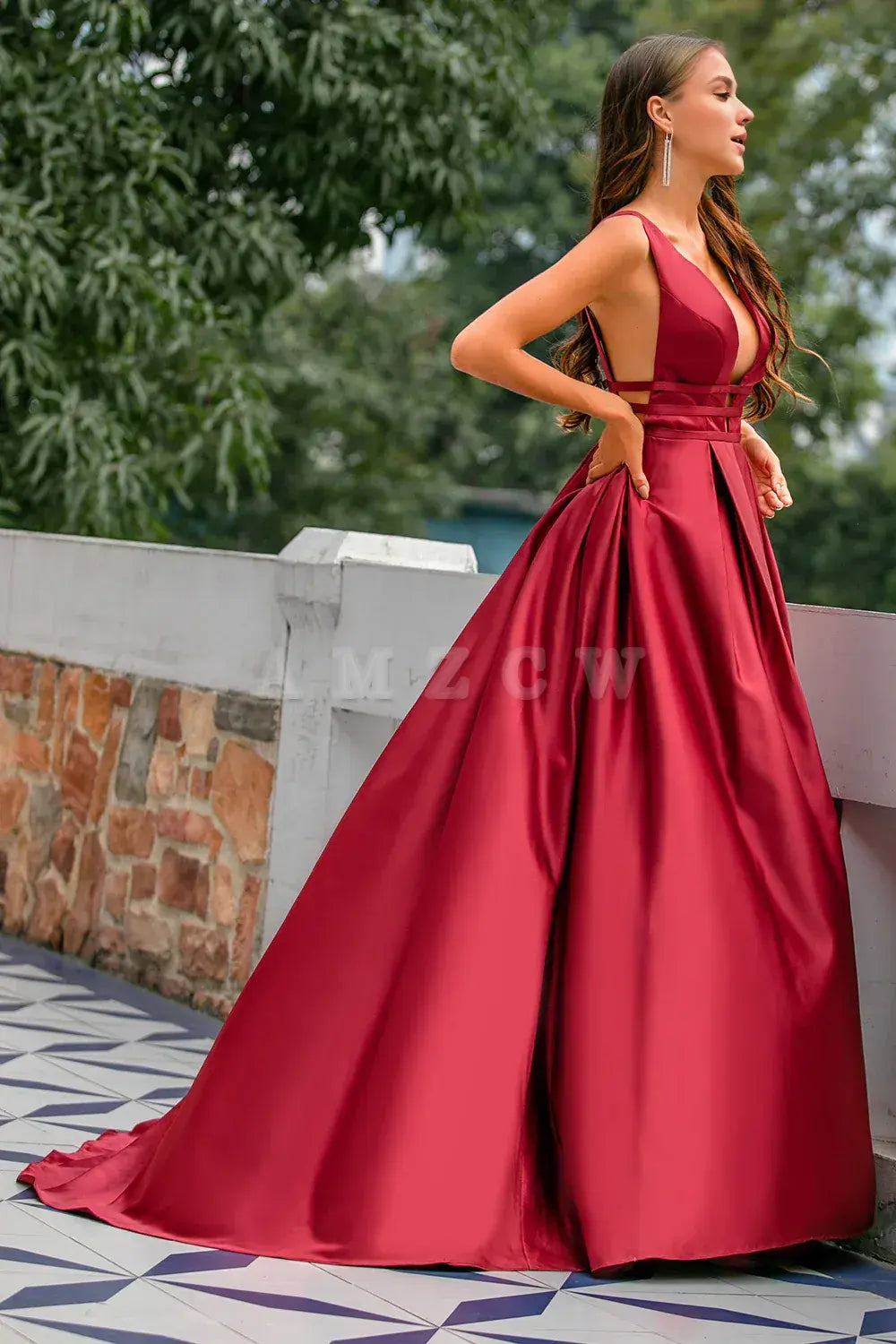 Amzcw Burgundy Satin Long Prom Dress Evening Dress gowns evening dresses Bridesmaid dress shop