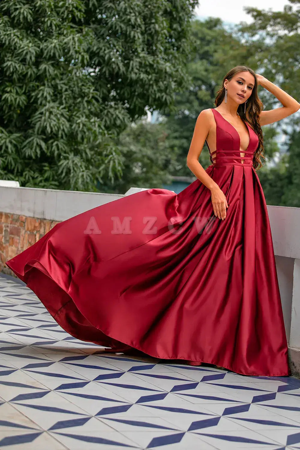 Amzcw Burgundy Satin Long Prom Dress Evening Dress gowns evening dresses Bridesmaid dress shop