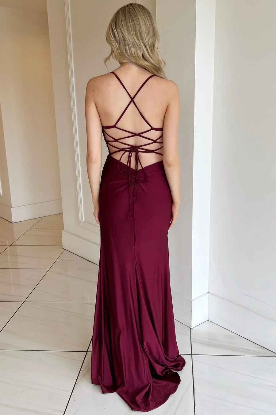 Amzcw Burgundy V-Neck Lace-Up Long Formal Dress with Slit