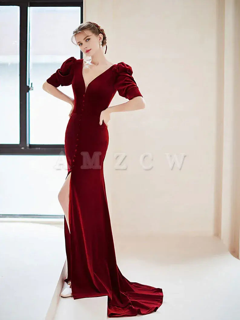 Vestido de fiesta largo de terciopelo con escote en V burdeos de Amzcw, vestido de noche formal burdeos, vestido de fiesta en tienda