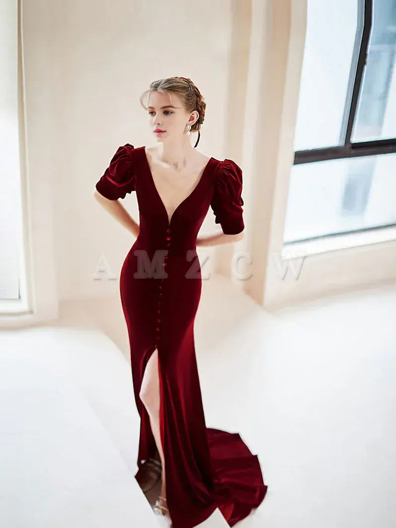 Vestido de fiesta largo de terciopelo con escote en V burdeos de Amzcw, vestido de noche formal burdeos, vestido de fiesta en tienda