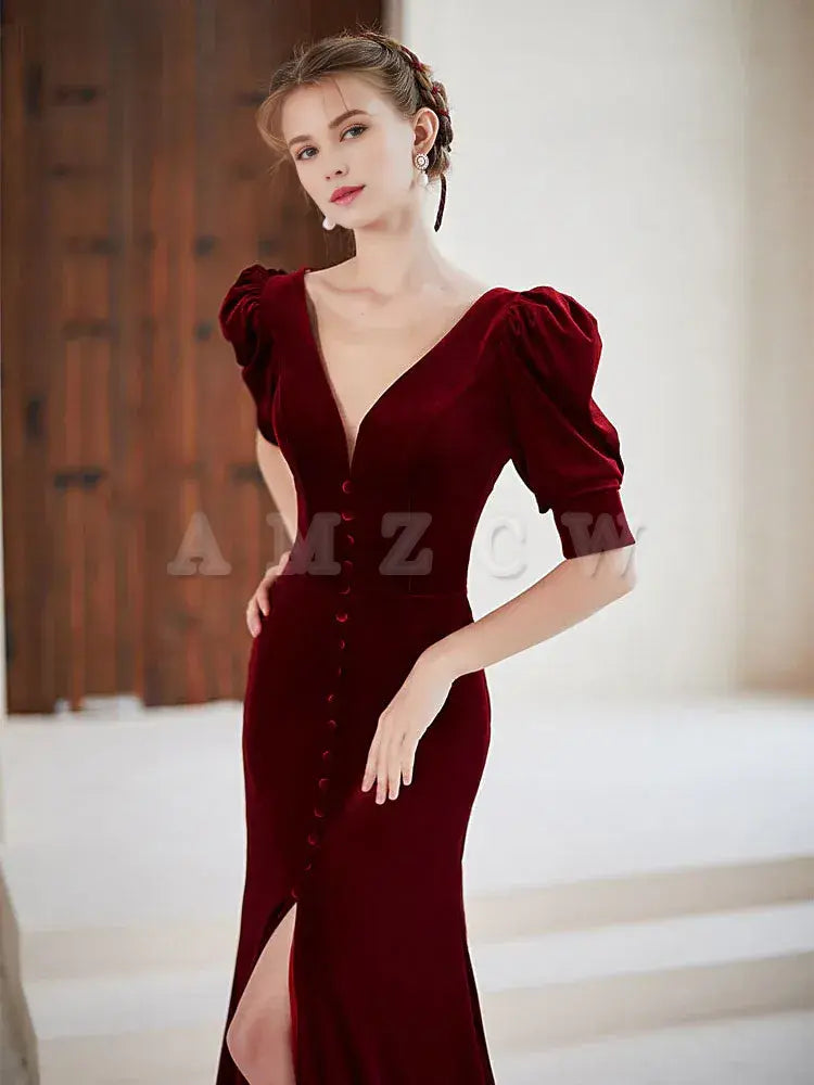Vestido de fiesta largo de terciopelo con escote en V burdeos de Amzcw, vestido de noche formal burdeos, vestido de fiesta en tienda