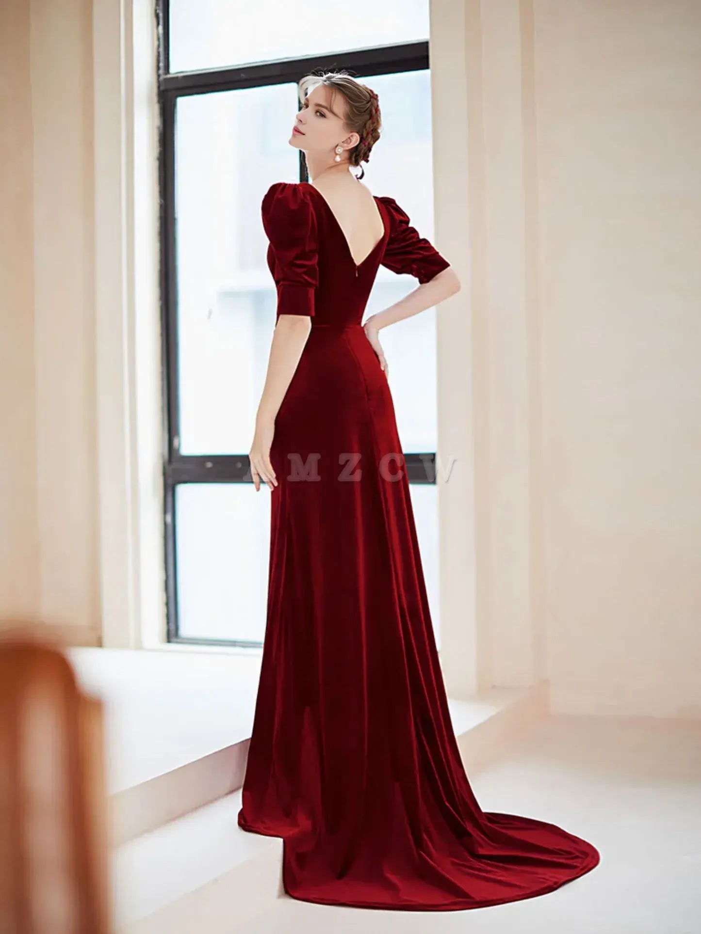 Vestido de fiesta largo de terciopelo con escote en V burdeos de Amzcw, vestido de noche formal burdeos, vestido de fiesta en tienda