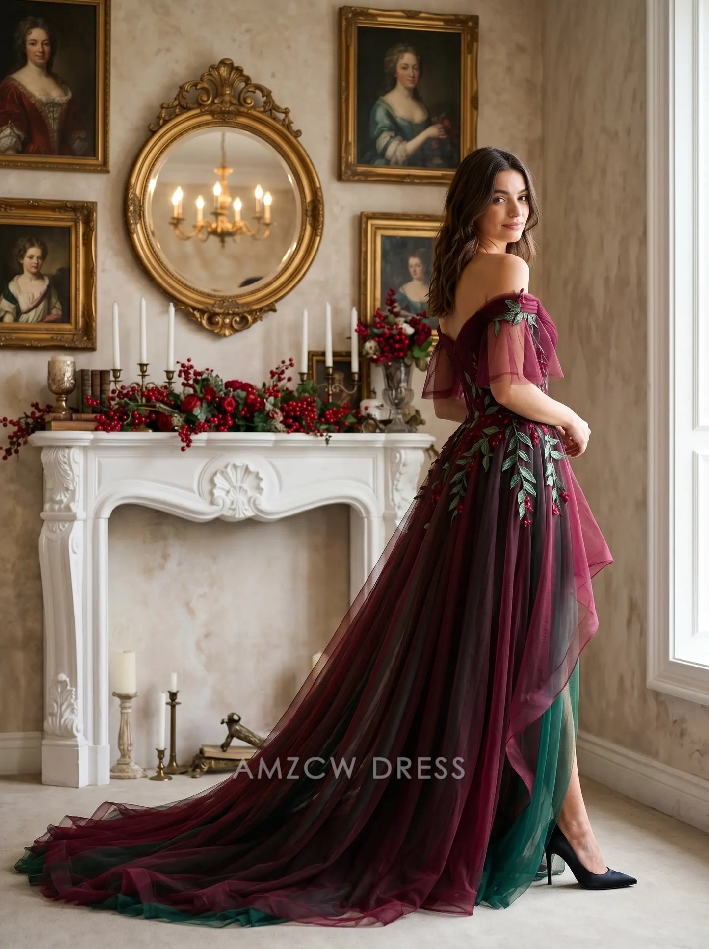 Burgundy and Green Off Shoulder Floral Embroidered Tulle A Line Formal Evening Prom Dress