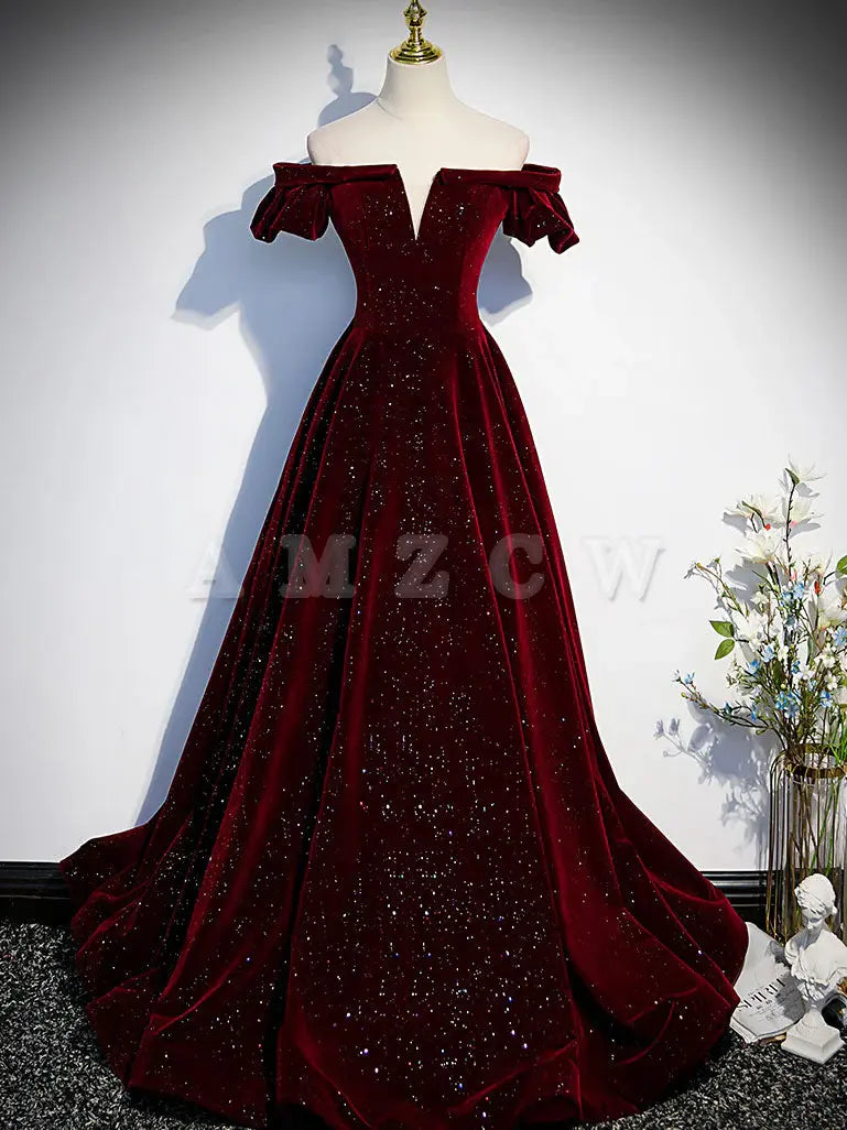 Vestido de fiesta largo con cuentas de terciopelo burdeos de Amzcw, vestido de noche burdeos, vestidos formales
