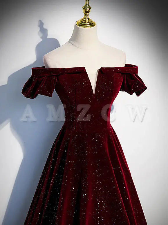 Vestido de fiesta largo con cuentas de terciopelo burdeos de Amzcw, vestido de noche burdeos, vestidos formales