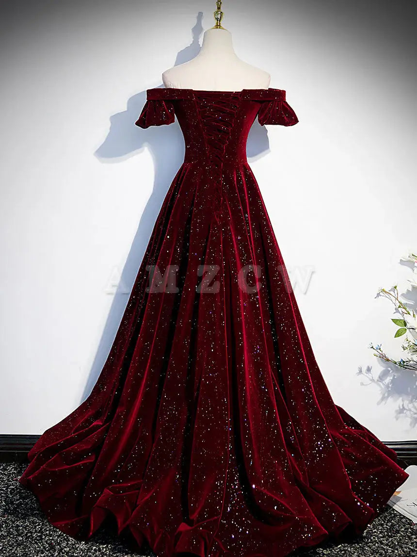 Vestido de fiesta largo con cuentas de terciopelo burdeos de Amzcw, vestido de noche burdeos, vestidos formales