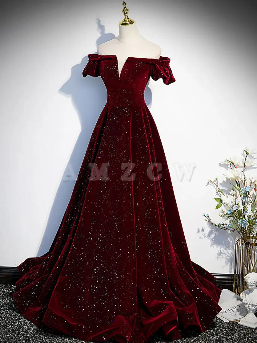 Vestido de fiesta largo con cuentas de terciopelo burdeos de Amzcw, vestido de noche burdeos, vestidos formales