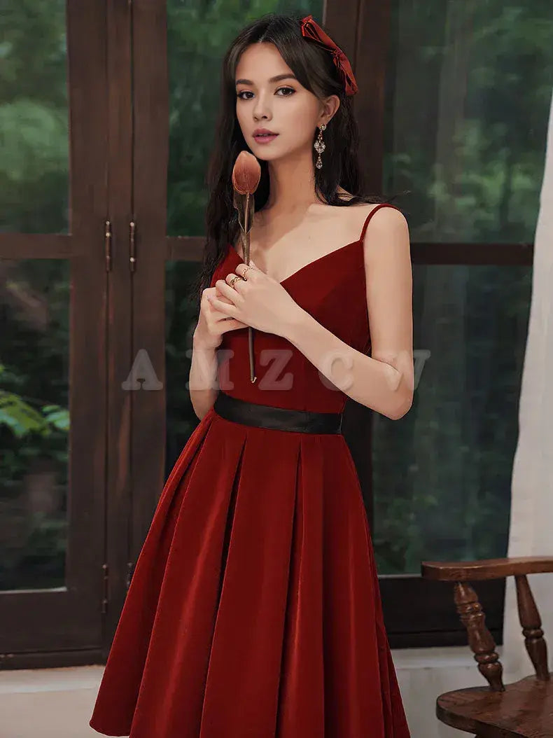 Amzcw Burgundy velvet v neck short prom dress burgundy homecoming dress prom dresses shops
