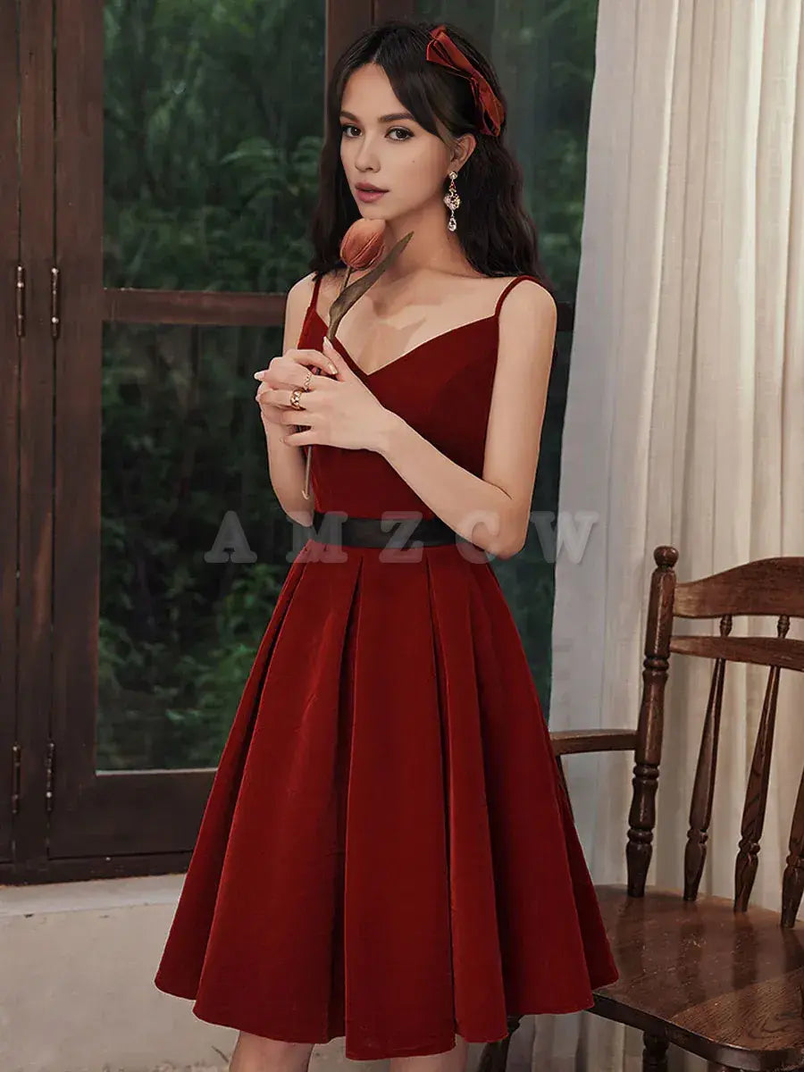 Amzcw Burgundy velvet v neck short prom dress burgundy homecoming dress prom dresses shops
