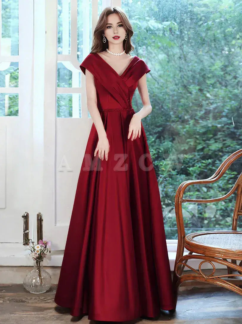 Amzcw Burgundy v neck satin long prom dress burgundy evening dress formal wear dresses