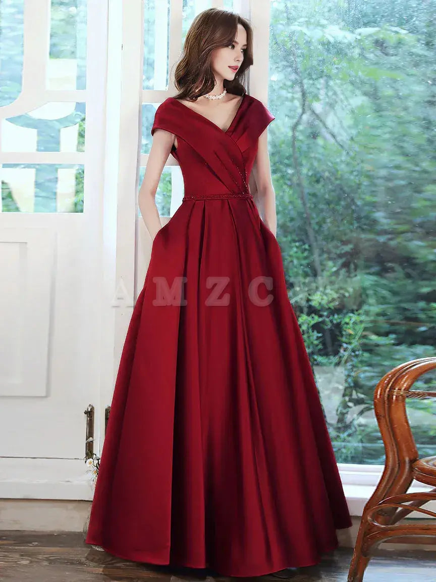 Amzcw Burgundy v neck satin long prom dress burgundy evening dress formal wear dresses