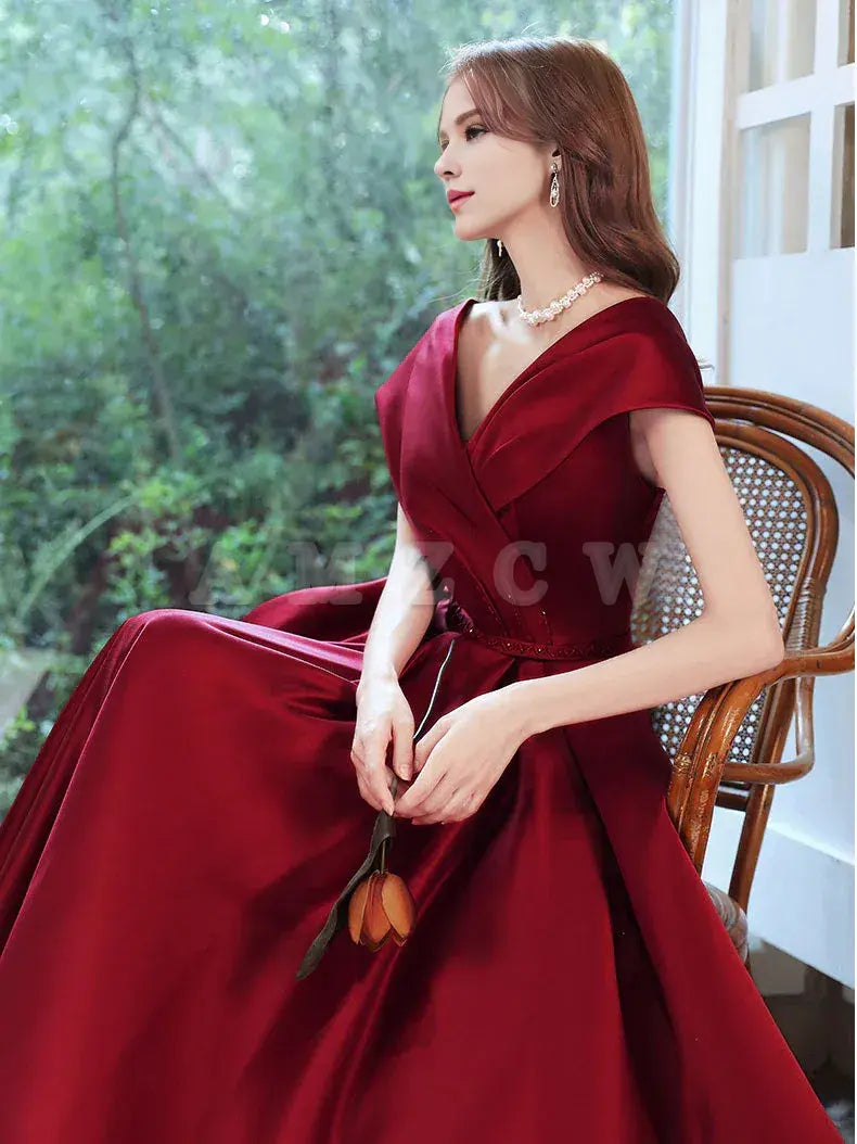 Amzcw Burgundy v neck satin long prom dress burgundy evening dress formal wear dresses