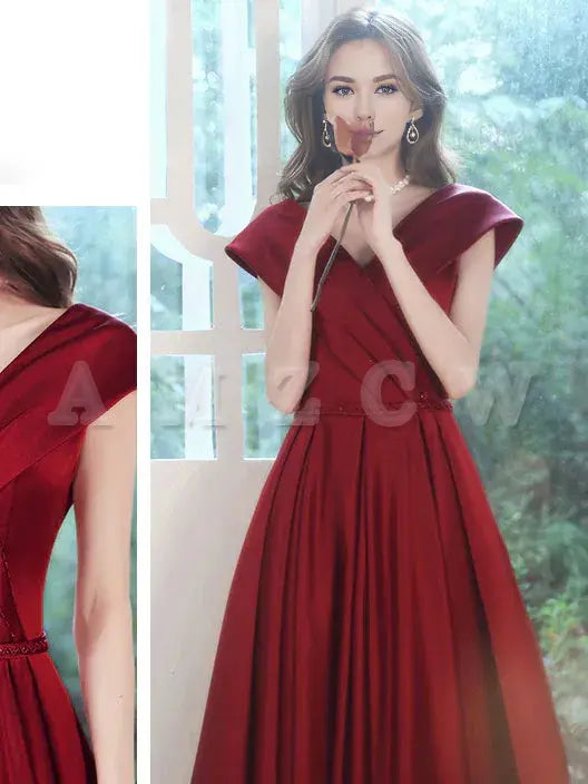 Amzcw Burgundy v neck satin long prom dress burgundy evening dress formal wear dresses