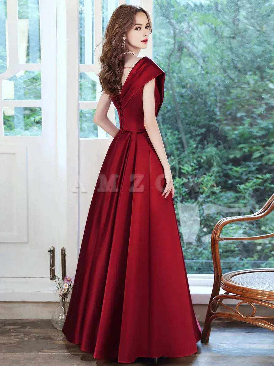 Amzcw Burgundy v neck satin long prom dress burgundy evening dress formal wear dresses