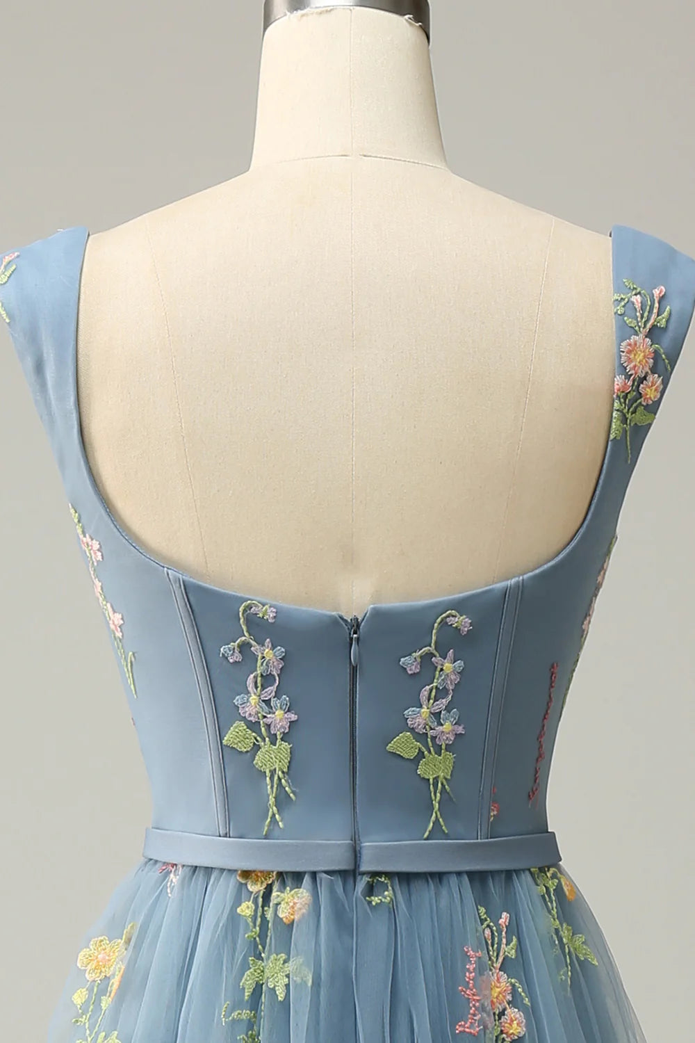 Amzcw Grey Blue A-Line Square Neck Embroidered Prom Dress