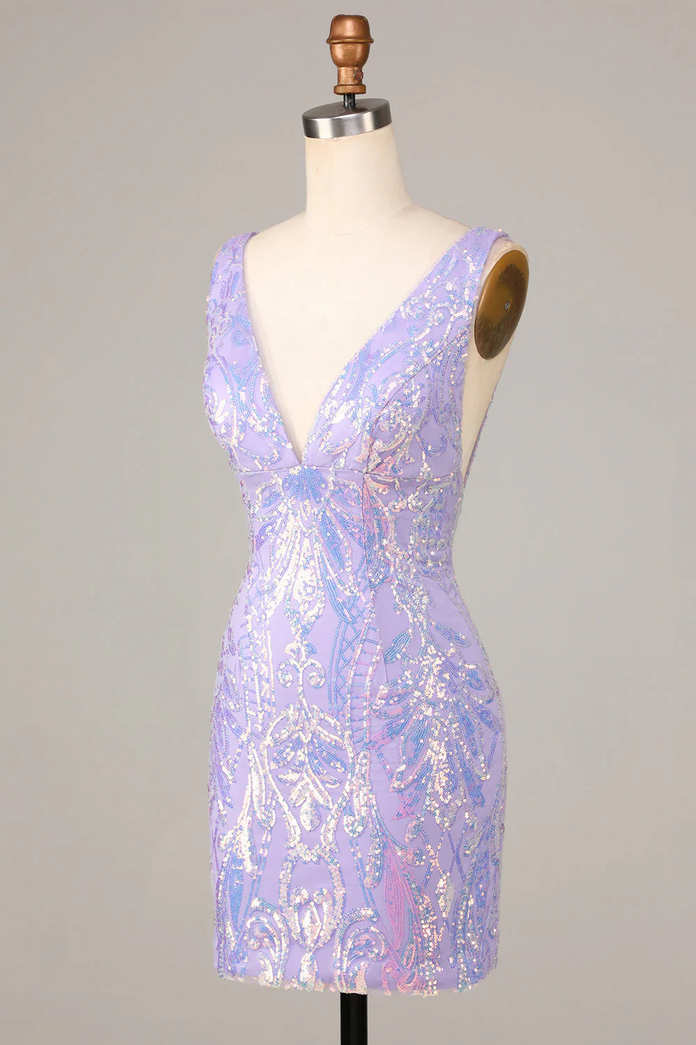 Amzcw Chic Lilac Bodycon V Neck Sparkly Sequins Short Homecoming Dress