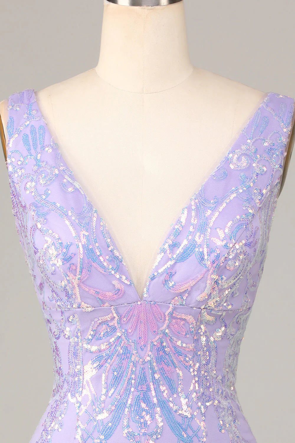 Amzcw Chic Lilac Bodycon V Neck Sparkly Sequins Short Homecoming Dress