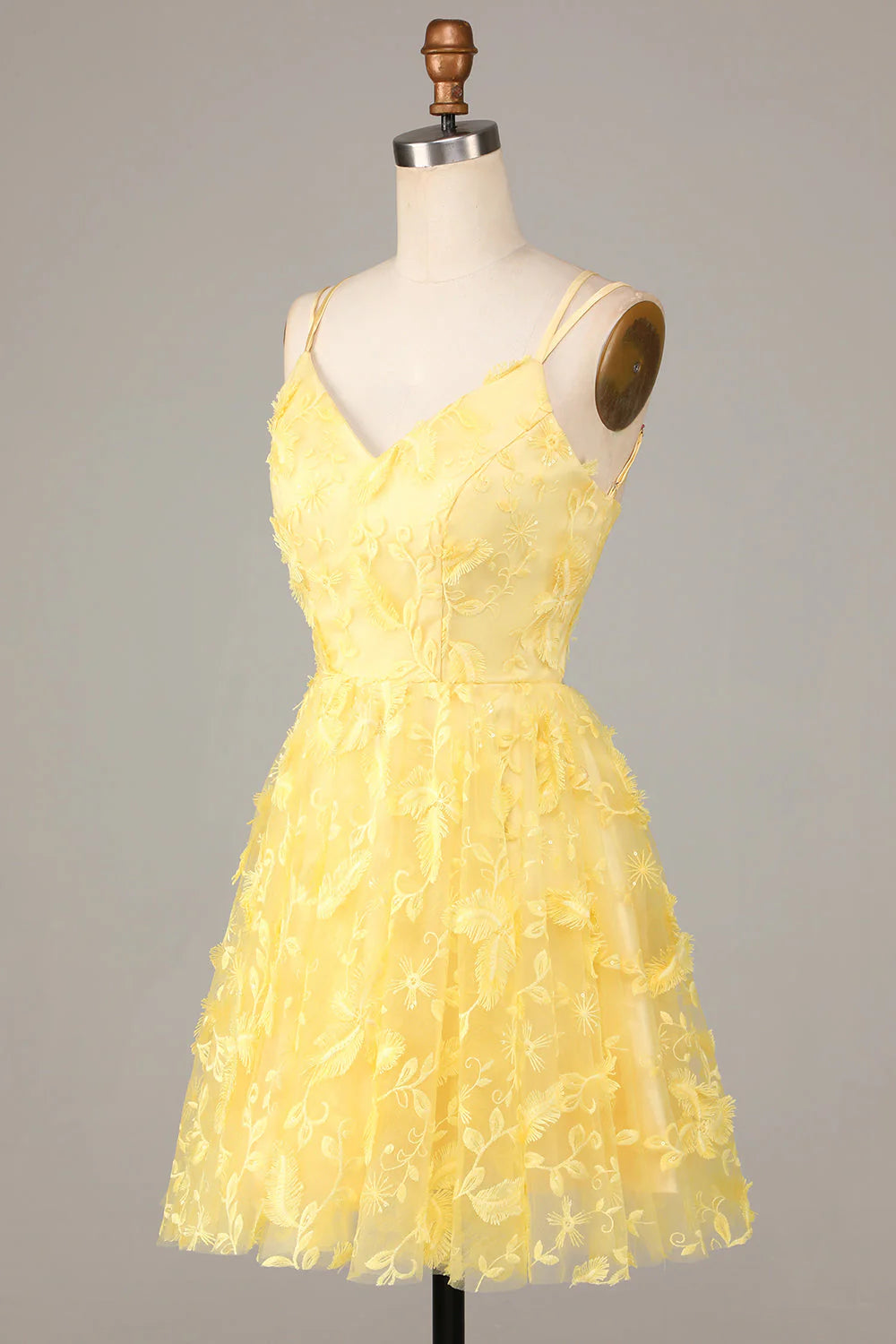 Amzcw Yellow A-Line Spaghetti Straps Short Homecoming Dress with Appliques
