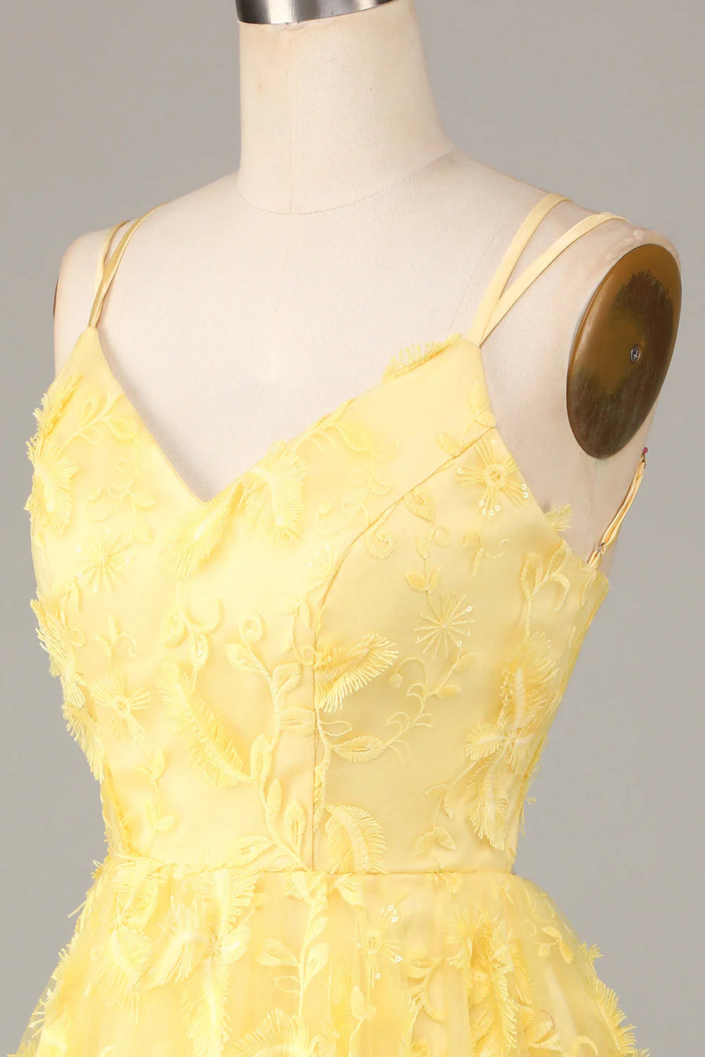 Amzcw Yellow A-Line Spaghetti Straps Short Homecoming Dress with Appliques