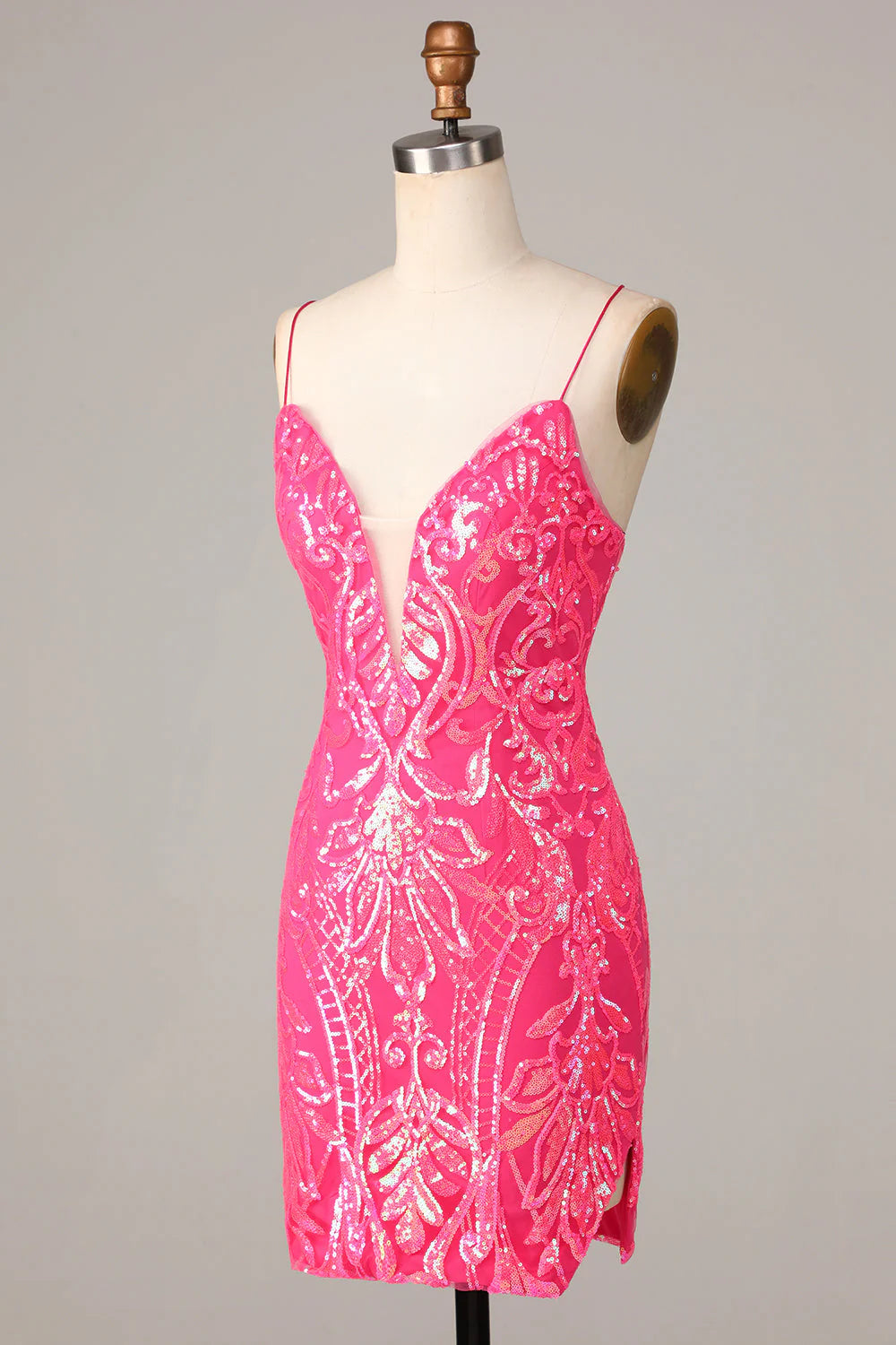 Amzcw Chic Sparkly Hot Pink Sheath Spaghetti Straps Sequins Short Homecoming Dress