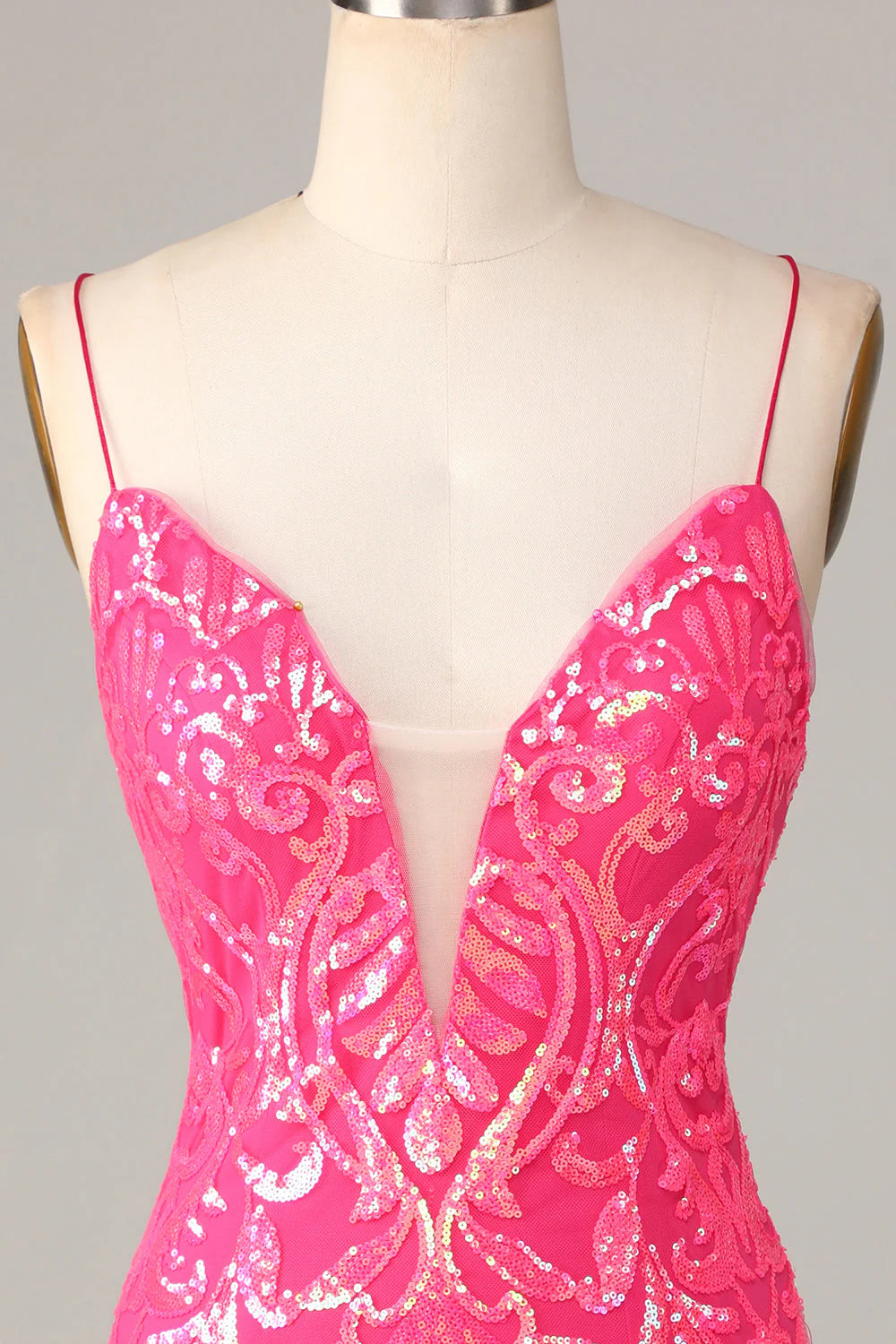 Amzcw Chic Sparkly Hot Pink Sheath Spaghetti Straps Sequins Short Homecoming Dress