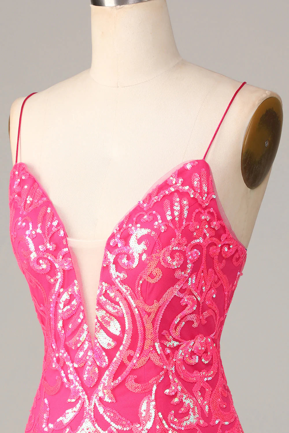 Amzcw Chic Sparkly Hot Pink Sheath Spaghetti Straps Sequins Short Homecoming Dress