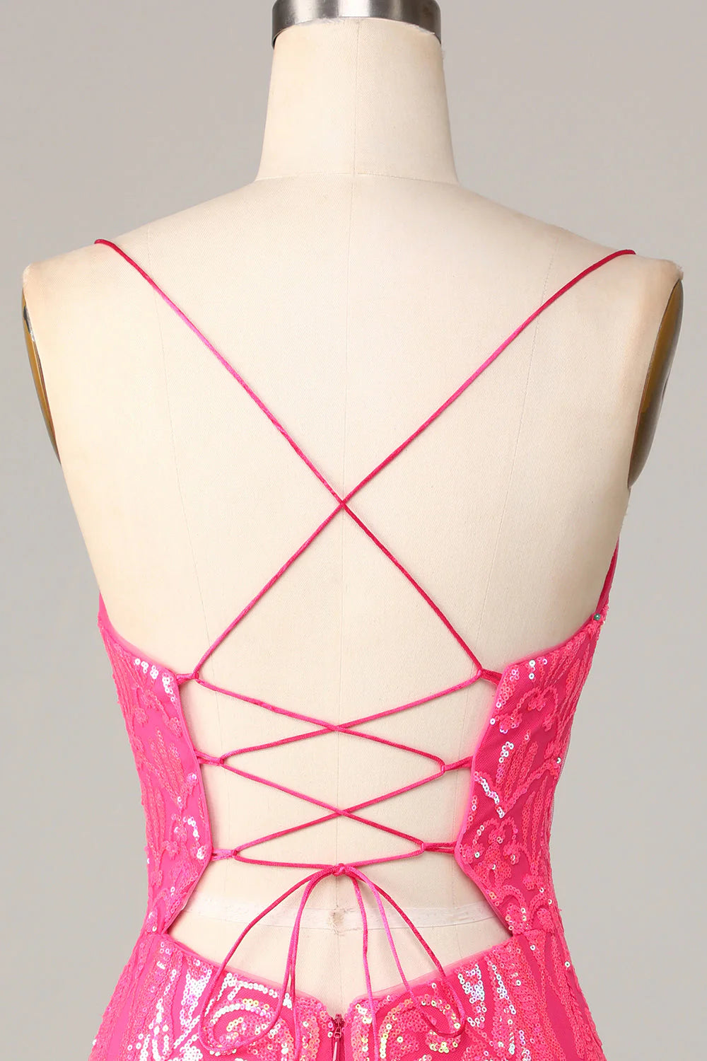 Amzcw Chic Sparkly Hot Pink Sheath Spaghetti Straps Sequins Short Homecoming Dress
