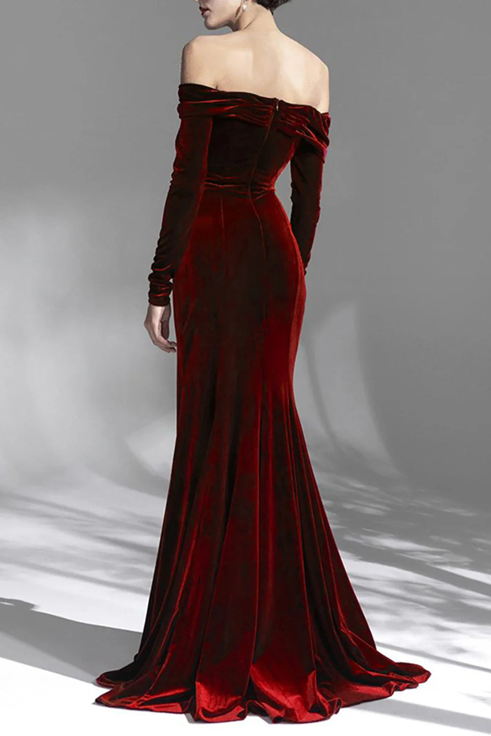 Amzcw Burgundy Velvet Off the Shoulder Long Sleeves Floor Length Evening Dress