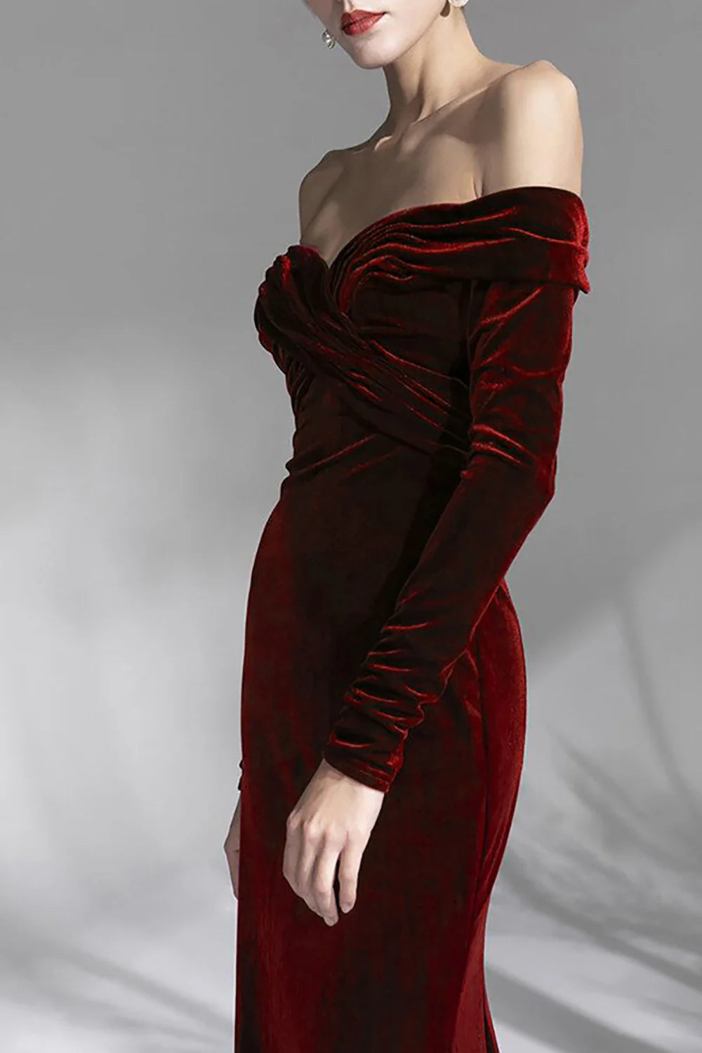 Amzcw Burgundy Velvet Off the Shoulder Long Sleeves Floor Length Evening Dress