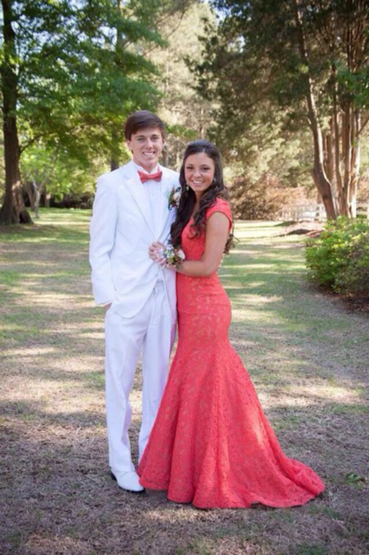 Vestidos de noche con mangas cortas, corte sirena, cola, encaje, espalda abierta