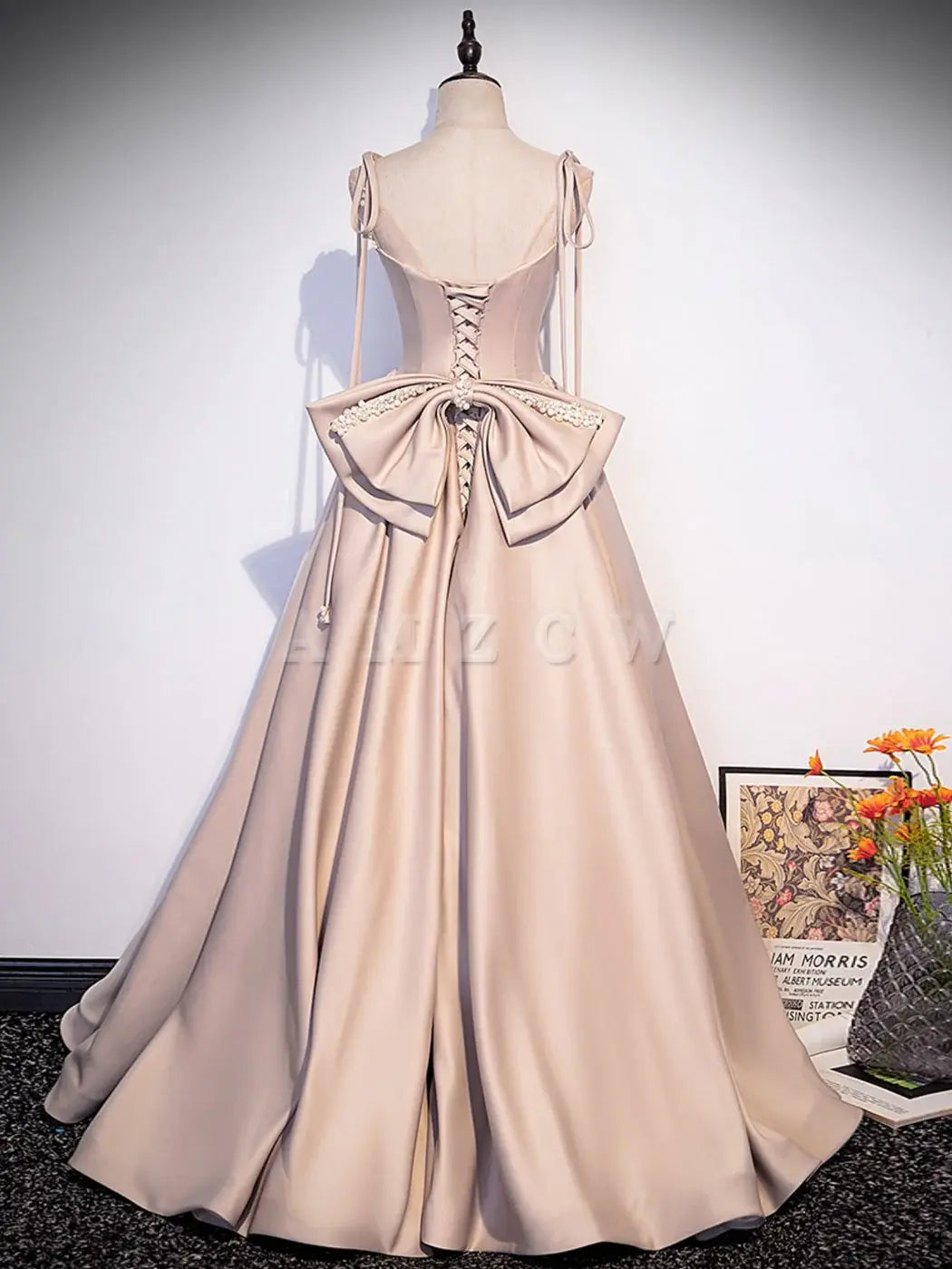 Amzcw Champagne A-Line Satin Vestidos de fiesta largos Champagne Vestido de noche formal Vestido de fiesta en tienda