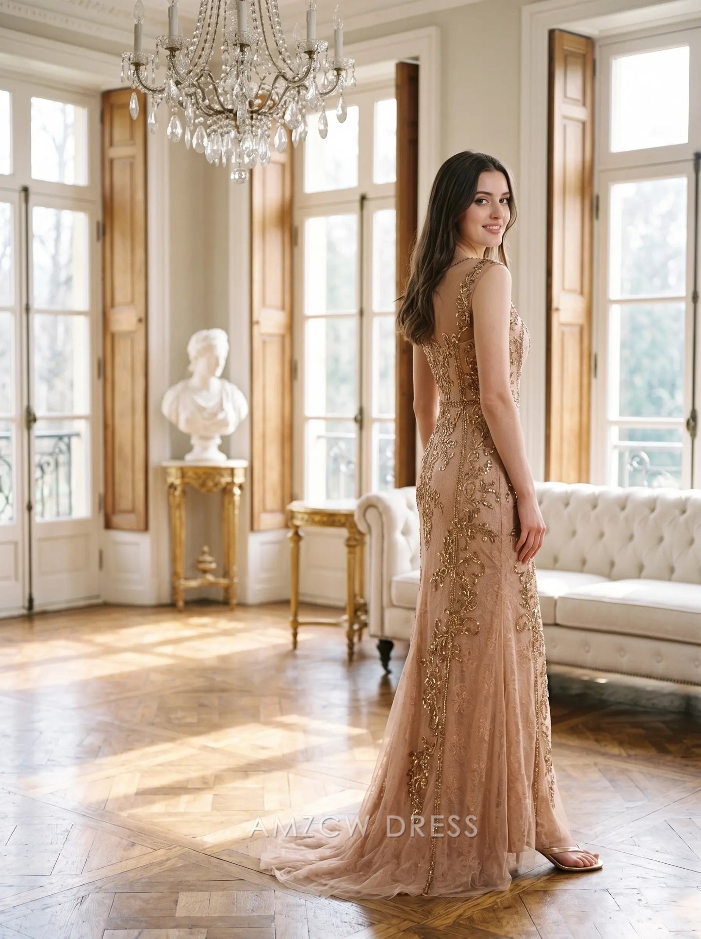 Champagne Sleeveless Sheer Neckline Sequin Floral Embroidery Tulle Mermaid Floor Length Formal Evening Prom Dress