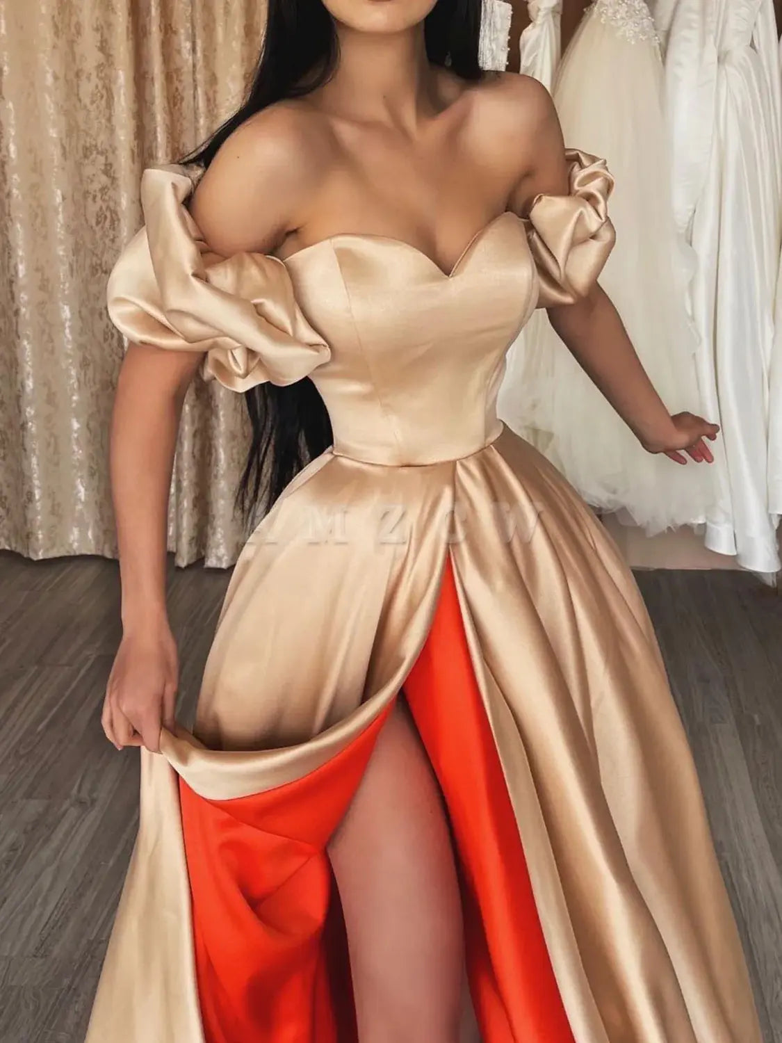 Amzcw Champagne sweetheart neck satin long prom dress unique evening dress formal wear dresses